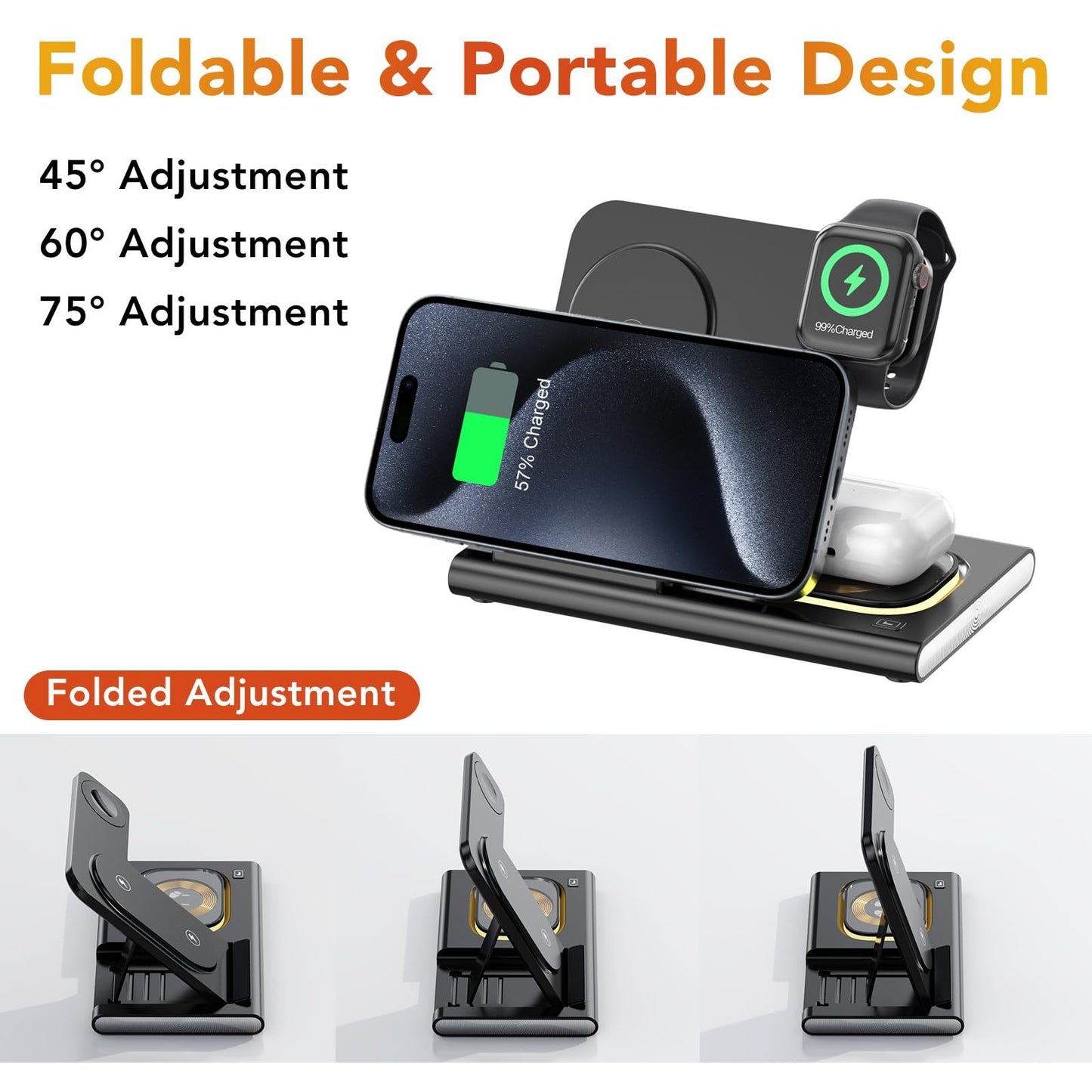 Wireless Charger Station, 4 In 1 Foldable 15W Fast Charging Wireless Charging Station With Night Light For IPods IWatch