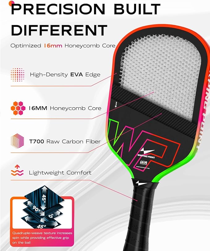 Neon Pickleball Paddle 16mm Core in Green, Pink & Orange Warping Point