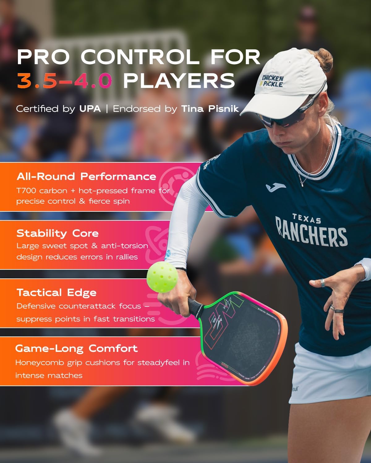 Neon Pickleball Paddle 16mm Core in Green, Pink & Orange Warping Point