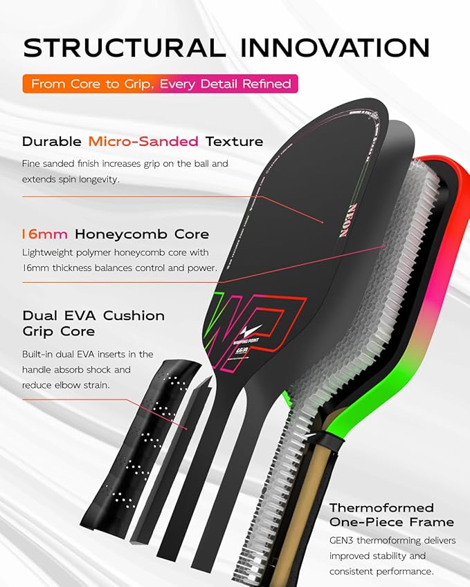 Neon Pickleball Paddle 16mm Core in Green, Pink & Orange Warping Point
