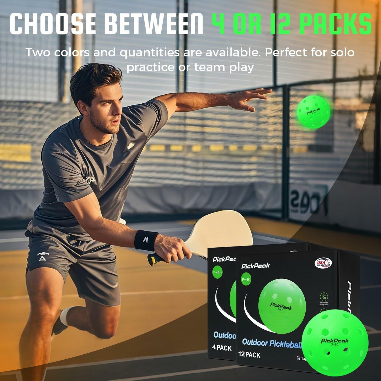 PickPeak Pickleball Balls USAPA Approved 4 or 12 Pack Outdoor P-40 Green
